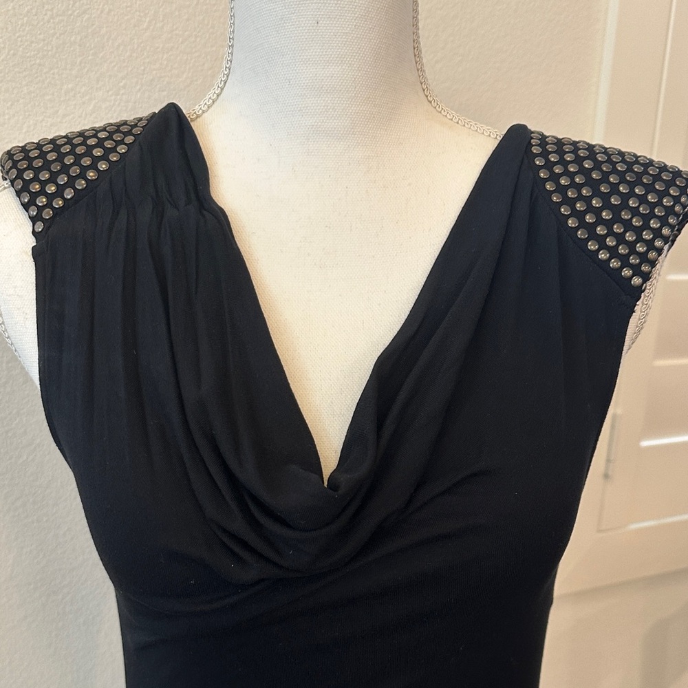 Morgan de Toi Black Midi Dress with Studded Shoulders